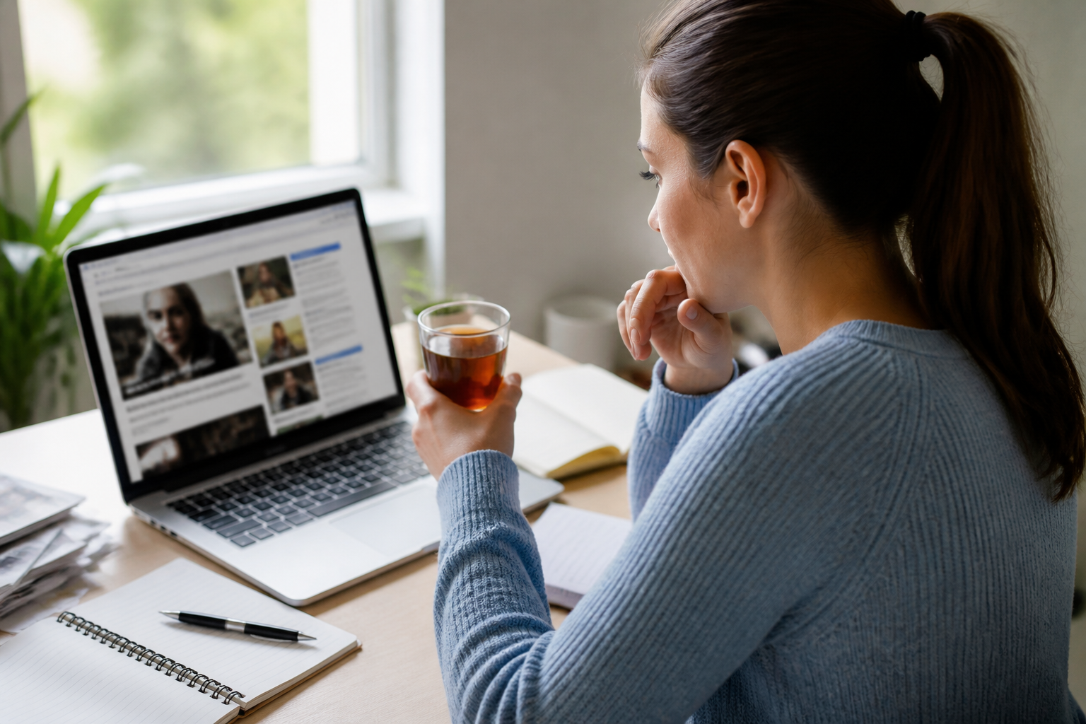 Silva Kapitanova: Sorgfältige Überprüfung digitaler Informationsquellen am Laptop zur kritischen Medienbeurteilung