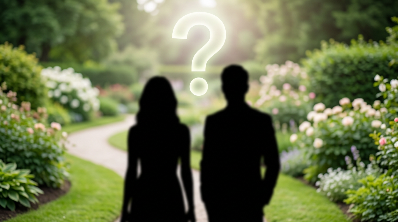 ist nicole johag noch mit sebastian zusammen: Ein abstraktes Bild, das den fraglichen Beziehungsstatus von Nicole Johag und Sebastian Burggraf in einem Garten symbolisiert.