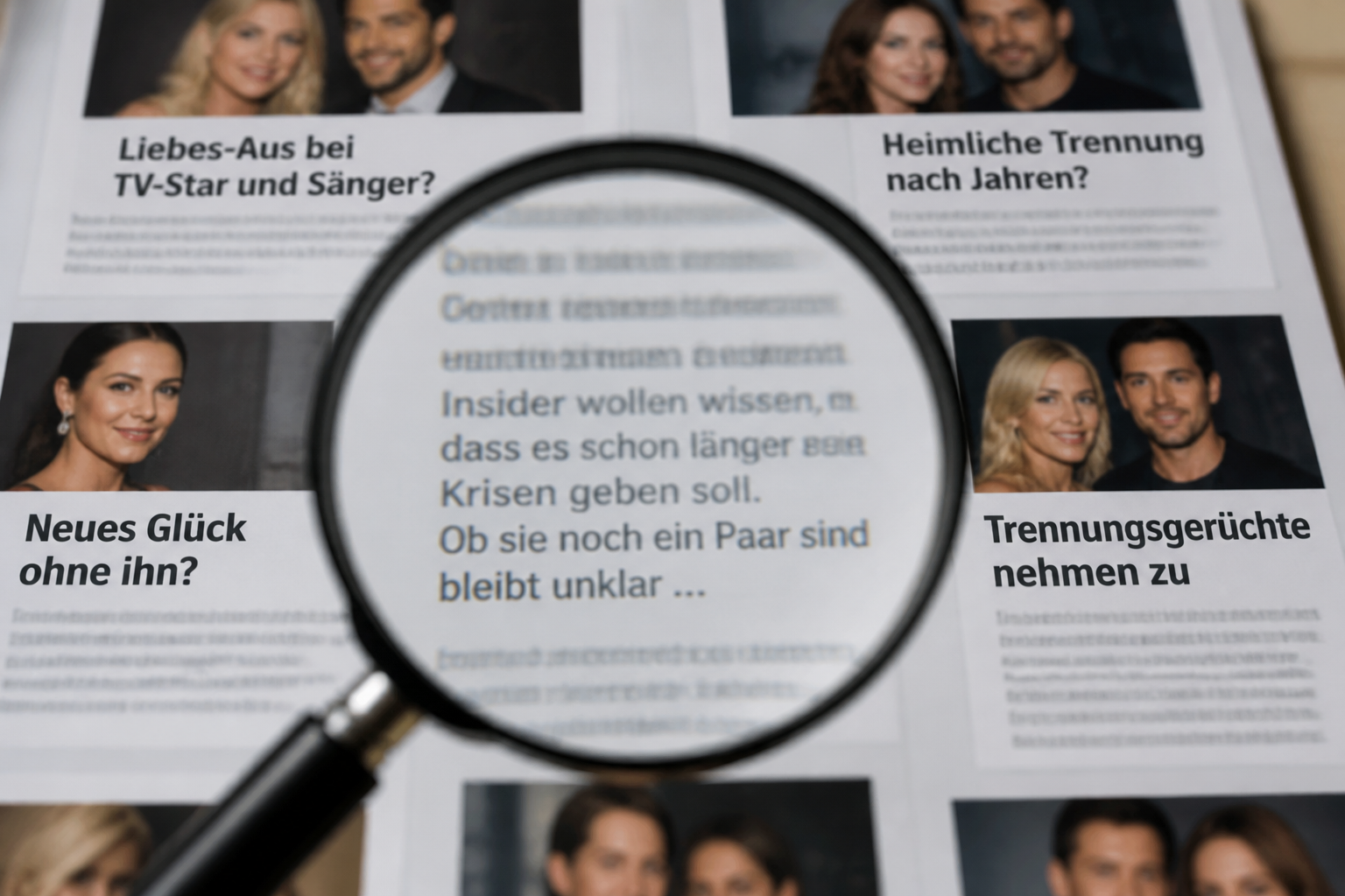Eine Lupe auf einer Zeitungsseite mit Promi-Schlagzeilen symbolisiert die öffentliche Wahrnehmung und Gerüchte.
