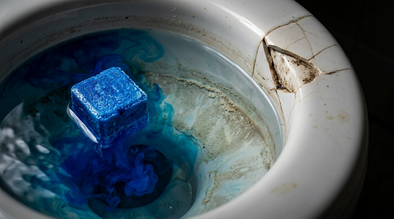 Warum WC-Steine Probleme verursachen: Eine Nahaufnahme zeigt einen bunten WC-Stein, der sich im Wasser einer Toilette auflöst und sichtbare Ablagerungen an der Keramik hinterlässt.