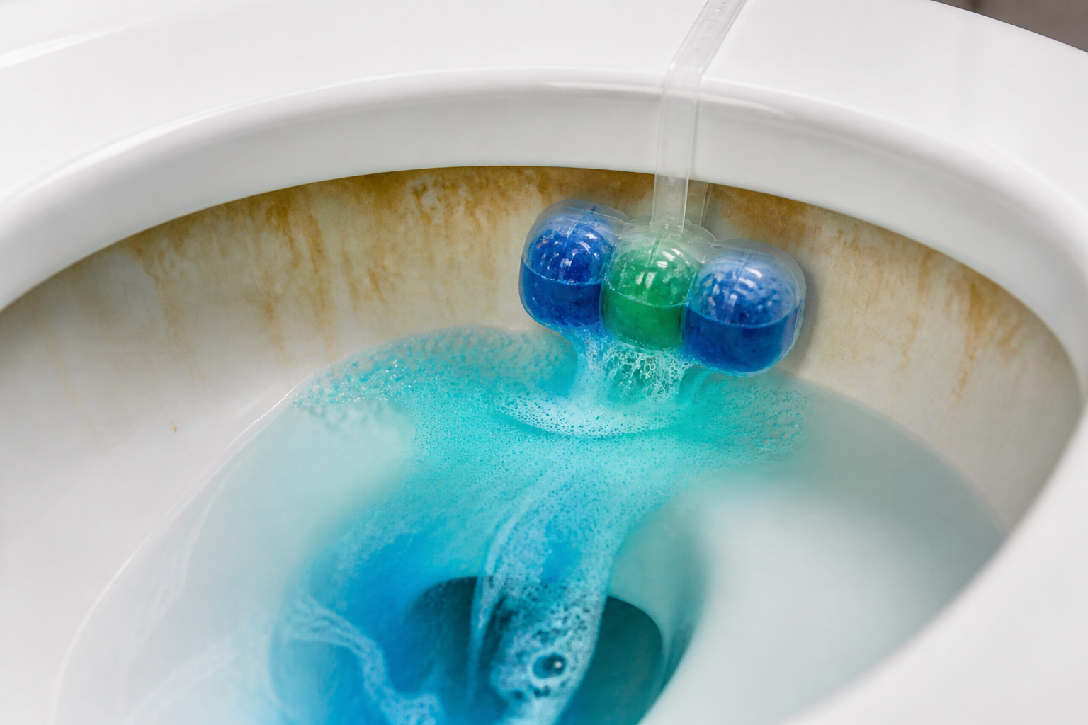 Warum WC-Steine Probleme verursachen - Warum WC-Steine Probleme verursachen: Ein stark schäumender, bunter WC-Stein im Toilettenwasser, der die darunterliegenden gelblichen Ablagerungen an der Keramik nicht kaschieren kann.
