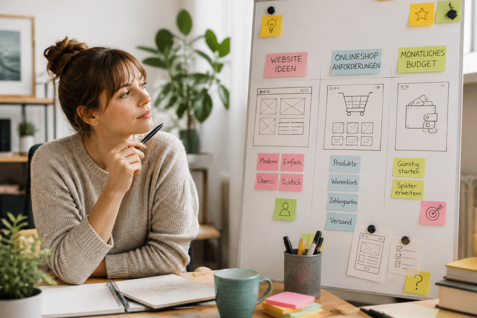 Website-Baukästen 2026 - Nachdenkliche Frau plant ihre Website-Ideen und Kriterien für einen Website-Baukasten an einem Whiteboard